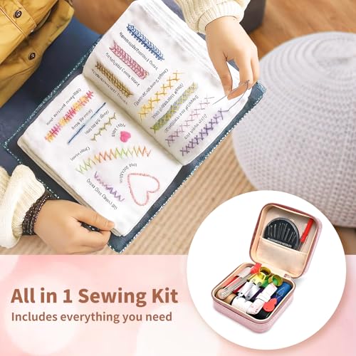 MASHDE 74 PCS Sewing Kit, Big Eye Steel Sewing Needles Kit with Storage Box - color: Pink