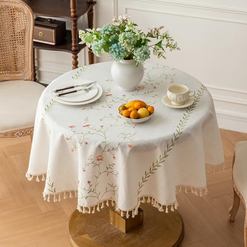 Joyfol Day Linen Waterproof Round Tablecloth with Tassels, Rustic Farmhouse Flowers Embroidery Table Cloths for Round Tables, Heavy Weight Spill-Proof Table Covers, Pink Florals, 55 inch - color: Pink Florals, size: 55" (Round)