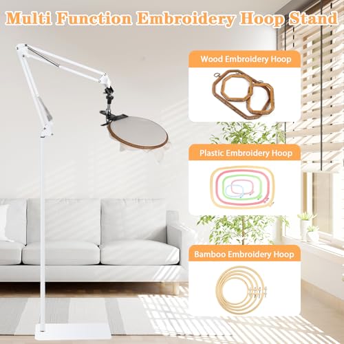 Adjustable Embroidery Hoops Stand for Hand Work,Cross Stitch Frame with 360° Rotation, Hands-Free Stitching,3-in-1 Hoop/Tablet/Phone Holder Floor Stand,White - style: White