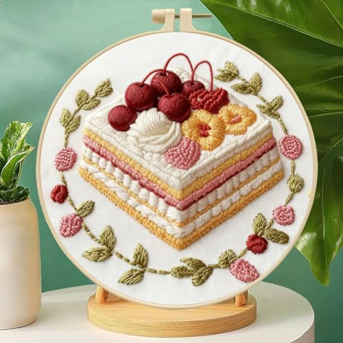 Zhenqing Cherry Mille Crepe Cake Embroidery Kit for Beginners, Pre-Printed 29x29cm Fabric with 20cm Hoop & Threads, Floral Cake Design for Home Decor(C0178)