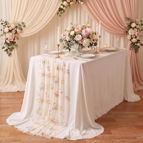 QueenDream Beige Apricot Floral Table Runner 10FT Spring with Embroidery Tulle Wildflower - color: Beige Apricot, size: 27"x120", 3 Pcs