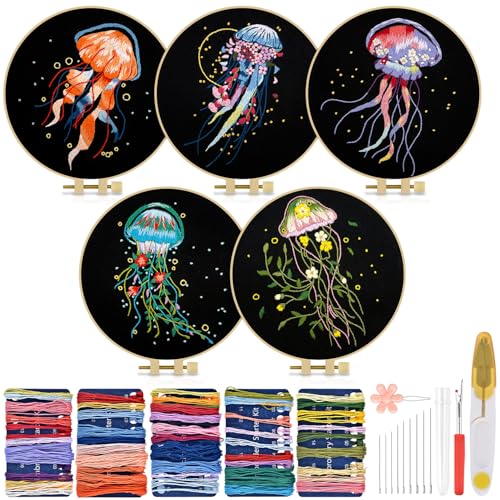 TINDTOP 5 Pack Embroidery Kit for Adult, Embroidery DIY Starter Kit - color: Jellyfish
