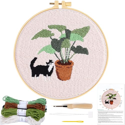 KESTAR Punch Needle Embroidery Starter Kits, Black and White Cat Plant Punch Needle Kits for Adults Beginner, Needle Punch Kit Tool with Instruction Threader Fabric Yarns and Hoop - color: Black White Cat