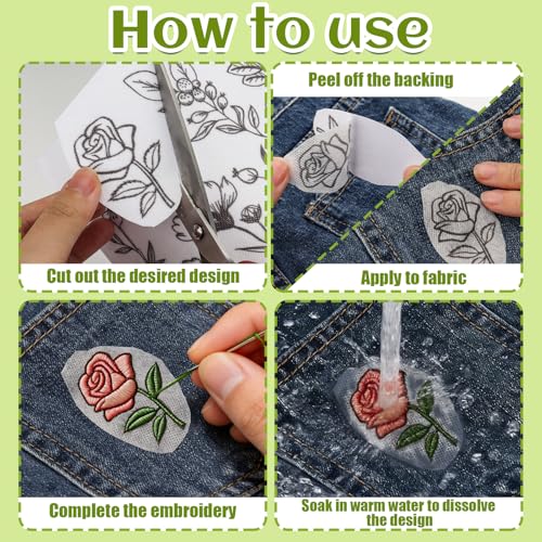 4 Sheets Stick and Stitch Embroidery Patterns, 8.5"x11" Pre-Printed Floral