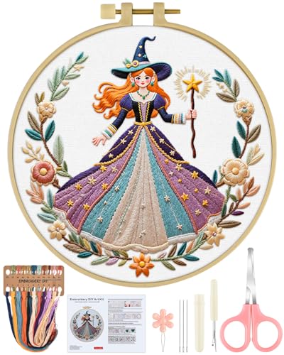 ERKOON Embroidery Kit for Beginners Adult, Cross Stitch Set Include Embroidery Cloth Hoops Threads for Craft Lover Hand Stitch with Embroidery Skill Techniques (White Witch) - color: White Witch