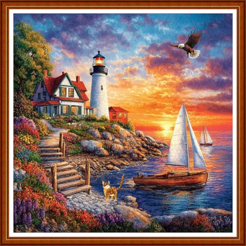 Redxing Counted Cross Stitch Kit for Beginners,Unprinted Needlepoint Kits for Beginners Cross Stitching Embroidery Kit 11CT Stitches kit-Seaside Lighthouse 18x18 inch - color: SetColor18