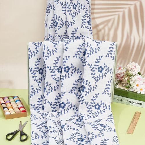 BENECREAT 3.17~3.3 Yards Linen Floral Fabric, 60 Inch Wide Decorative Fabric for Upholstery, Clothing Sewing and DIY Crafts, Blue & White