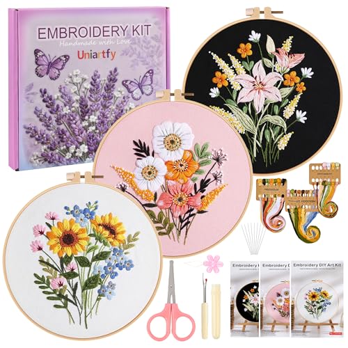 Uniartfy 3 Sets Embroidery Kit for Adults, Flower Pattern Embroidery Practice Kits for Beginners, Needlepoint Cross Stitch Kits Include Hoop, Colorful Threads, Tools, Easy to Learn Video & Instruction - color: Embroidery Kit-G