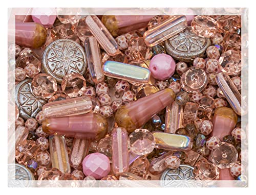 2.1oz (60 g) Mix of Unique Czech Bohemia Glass Pressed Beads, Dirty Pink Antique, Table Cut, Matte and Glossy, Faceted Fire Polish, Hand Made Set Kit BCV - color: Antique Dirty Pink
