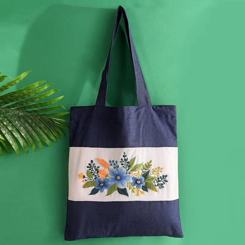 Dark Blue Canvas Cotton Tote Bag Embroidery Kit,Orchid Flowers Art Pattern,Cross Stitch Kits, Including Stamped Embroidery Bag with Hoops,Needle, Instruction Manual and Color Threads for Beginner