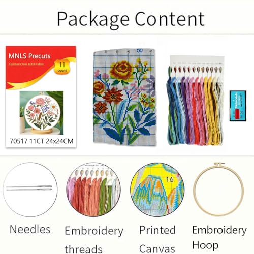 Zhenqing Pink Floral Bouquet Cross Stitch Kit for Beginners - 11CT 24x24cm Pre-Printed Pattern with Embroidery Hoop, Threads & Tools(70517) - color: Pink Floral Bouquet