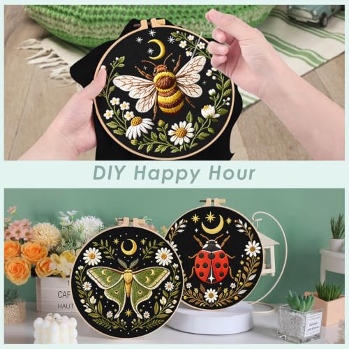 ERKOON Embroidery Kit for Adults, 5 Sets Flower Cross Stitch Set for Beginners Include Embroidery Cloth Hoops Threads for Craft Lover Hand Stitch with Skill Techniques (Starry Night) - color: Starry Night