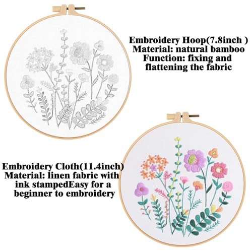GLTAYLMY 3 Pack Embroidery Starter Kit for Beginners Stamped Cross Stitch Kits with Cute Flowers and Plants Patterns with 1 Embroidery Hoop and Color Threads for Adults - color: FEKOW