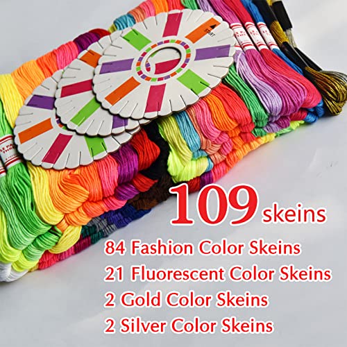 Embroidery Floss Rainbow Color 109 Skeins Per Pack Cross Stitch Threads Friendship Bracelets Floss Crafts Floss with 3 Weaved Plate（105 pcs Embroidery Floss +4 Metallic Embroidery Thread - color: fashionable color, size: 1 Pack