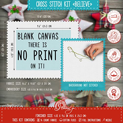 Povitrulya Counted Cross Stitch Kit 'Believe' - Embroidery Set for the Holidays, Encouragement, or Inspiring Everyday Possibilities with a Christmas Tree, Snowflake, Deer and Santa Hat