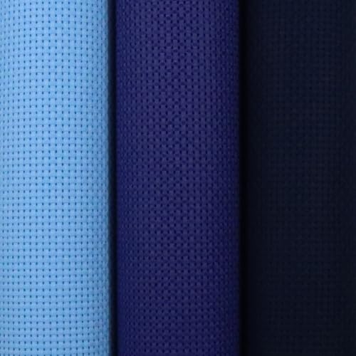 KCS 3 pc of 15" x 18"(38cmx45cm) 11 Count Cross Stitch Cotton Aida Cloth Needlework Rolled Fabric Box,11CT,Light Blue+Royal Blue+Navy Blue - color: Light Blue+royal Blue+navy Blue, size: 11CT