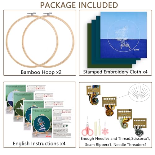 Picoey Embroidery Kit for Beginners with Animal Pattern and Instructions,4 Pack Cross Stitch Kits,2 Wooden Embroidery Hoops,Threads and Needles,Needlepoint Kit - color: Sea animal