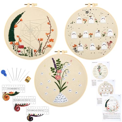 Crafmanoe Cute Ghost Embroidery Kit for Beginners Adults, Halloween Embroidery Starter Kits, Funny Counted Cross Stitch Kits for Beginner Adult Hobbies for Women, 3 Set Embroidery Hoop, Fabric, Thread - color: Cute