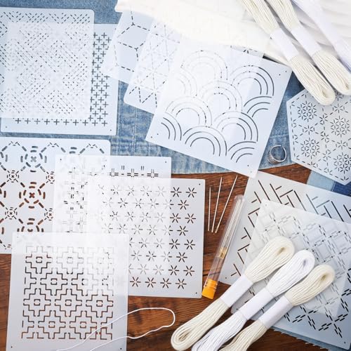 Booson 37 Pcs Sashiko Thread Kit Sashiko Needles Cotton Thimble Patterns - color: White