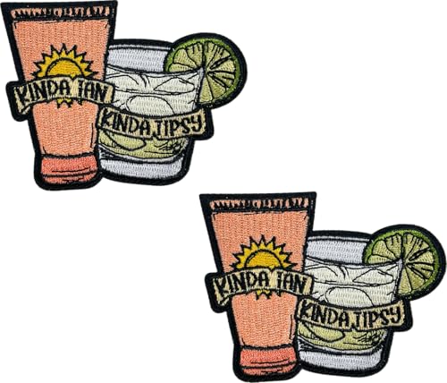 Kinda Tan, Kinda Tipsy Patch, 3" x 2.25”, 2-Pack, Embroidered Iron-On for Hats, Bags, Jackets - color: Kinda Tan, Kinda Tipsy