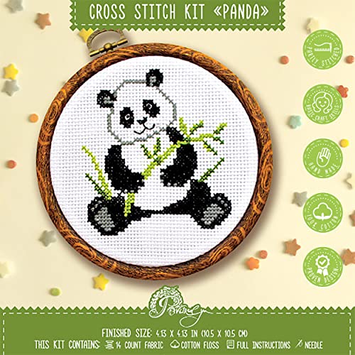 Povitrulya Counted Cross Stitch Kit with Pattern 'Panda' - Easy DIY Set for Hand Embroydery with Paper Pattern, 14 Count Blank Aida Canvas and Pre-Sorted Floss