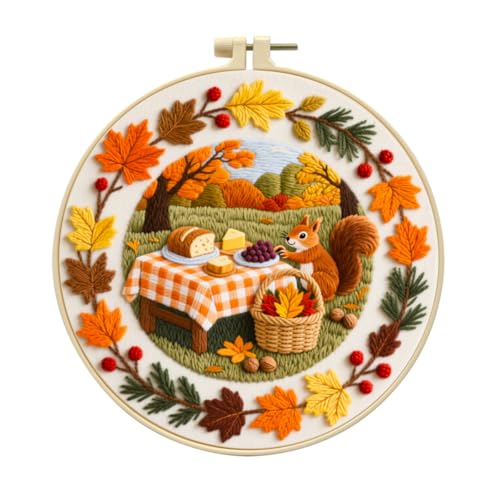 Zhenqing Squirrel Embroidery Kit for Beginners, Autumn Picnic Needlework Kit with Pre-Printed Cotton Fabric, Hoop, Threads & Tools, Fall Woodland Decor (C0141) - color: Autumn Picnic Squirrel