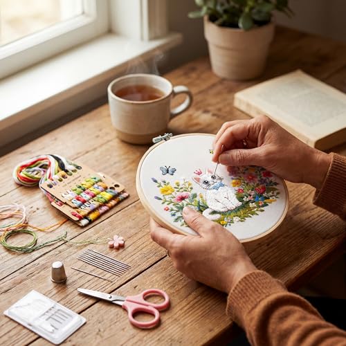 Peonfly Cat Embroidery Kit for Beginners, 4 Pack Stamped Embroidery Starter Kit with 4 Hoops, 9 Stitch Types Practice Sampler, Animal Floral Wall Hanging Décor (Value Pack) - style: packaged (Value Pack)