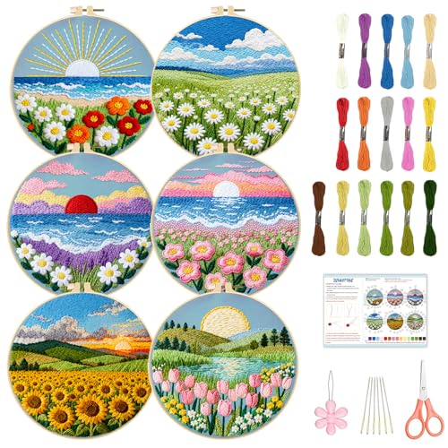 BEUNITONE 6 Set Flower Sea Starter Embroidery Kit with Pre-stamped Pattern Needlepoint Craft Kits with Embroidery Hoops Complete DIY Handmade Cross Stitch Set for Home Decor and Festival Gifts 20x20cm - style: Sea of Flowers