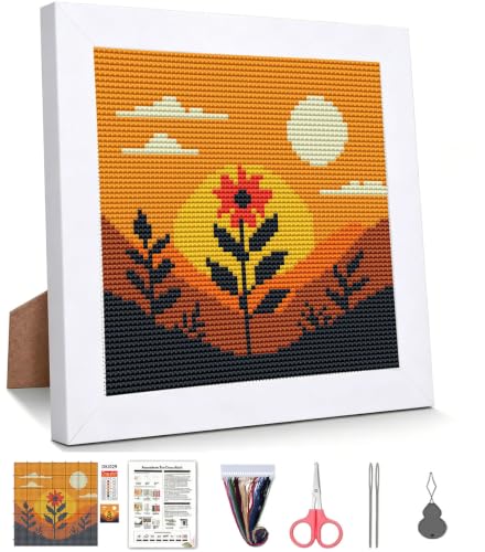 Sunset Floral Landscape Stamped Cross Stitch Kits for Adults with Framed - color: DKJ029