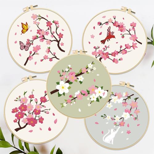 FREEBLOSS 5 Set 8'' Cherry Blossom Embroidery Kit Cross Stitch Kit with Stamped Cherry Pattern Cherry Embroidery Kit for Beginners Instructions Included Embroidery Starter Kit for Adults