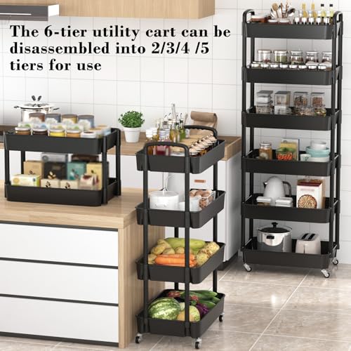 Sywhitta 6-Tier Plastic Rolling Utility Cart with Wheels for Storage,Black - color: Black, size: 6-tier