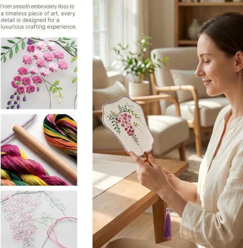 QIZUOLIFE Embroidery Fan Kit for Beginners, pre-Printed Wisteria Pattern - style: Wisteria's Graceful Dance