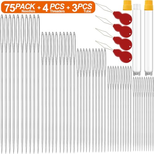 75 Pack Premium Large Eye Needles for Hand Sewing with 4 Needle Threaders, Assorted Sizes, Embroidery Needles for Hand Sewing, Sewing Needles Large Eye, Big Eye Needle - color: 75 pack