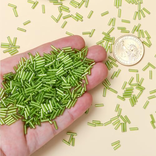 2000pcs Glass Bugle Beads, Tube Beads Bulk, Mini Long Tiny Small Waist Loose Spacer Embroidery Beaded for Bracelets Jewelry Making Sewing, Crafts, 2×6mm, Light Green - color: Light Green
