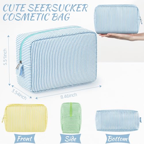 Sanwuta 3 Pcs Seersucker Makeup Bags, Yellow, Green, Lake Blue - color: Yellow, Green, Lake Blue
