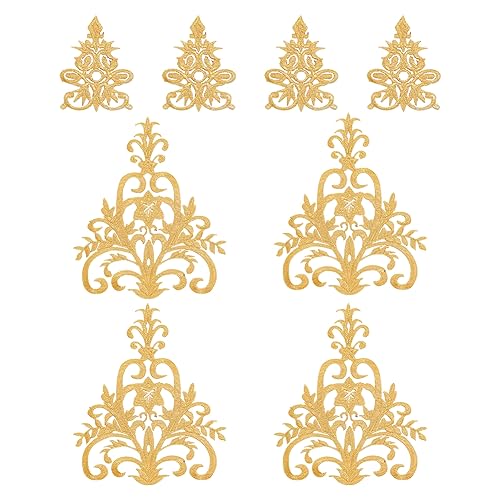 NBEADS 8 Pcs 2 Styles Gold Floral Embroidered Applique Patch, 3.7x4.9inch/8.7x9.4inch Iron on Patches Sew on Patches Ethnic Style Applique for Sewing Wedding Bride Dress Shoes Clothing Repair - color: Gold Floral--2 Styles 8 Pcs