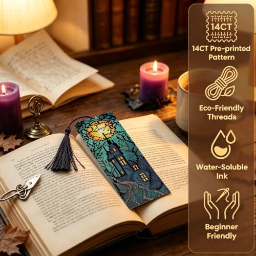 14CT Halloween Counted Cross Stitch Bookmark Kit for Adults Beginners - color: SQJ007-01