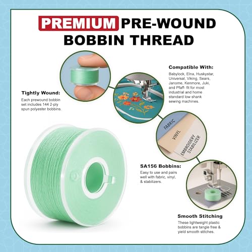 Mandala Crafts Mint 15J SA156 Prefilled Bobbin Thread, 144 PCs - color: Mint, size: Size A 144 X 142 Yards