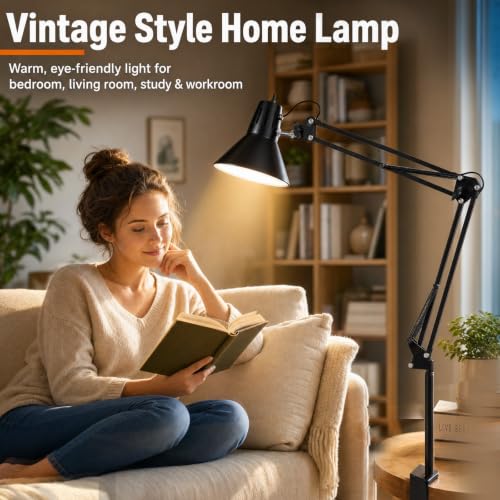 Black Desk Lamp with Clamp, Extra-Tall Adjustable Metal Swing Arm, 3000K - color: Black, size: 3000K Warm Light-Extra Long Swing Arm