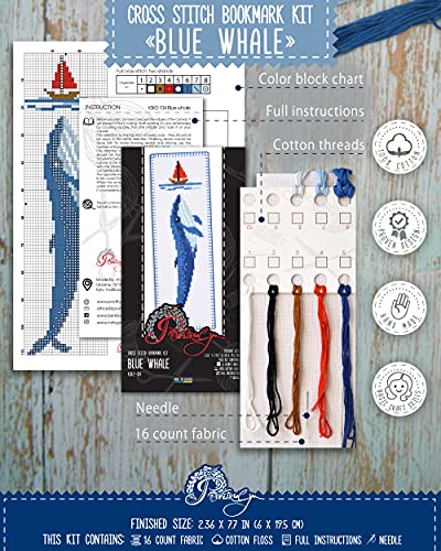 Povitrulya Blue Whale - Embroidery Set for DIY Bookmark - Counted Cross Stitch Kit with Paper Pattern, 16 Count Aida Canvas and Pre-Sorted Floss - color: blue whale