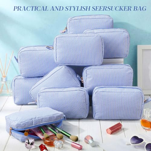 Sanwuta 10 Pcs Seersucker Cosmetic Bag Seersucker Makeup Bag Women Stripe Large Travel Toiletry Organizer Preppy Storage Pouch for Embroidery Wedding Bridesmaid Bride Mom (Navy Blue) - color: Navy Blue