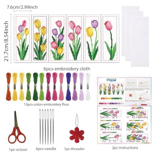 ORIGACH 6 Set Tulip Cross Stitch Bookmark Kit for Beginner - style: Tulip