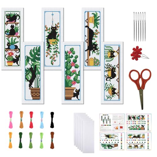 FREEBLOSS 6 Set Cross Stitch Bookmark Kits Cat and Potted Plants Stamped Cross Stitch Kit for Beginners, Printed Embroidery Bookmarks Kit with Instructions for Adults, 8''x2.4'' - style: Cats&Potted&Plants