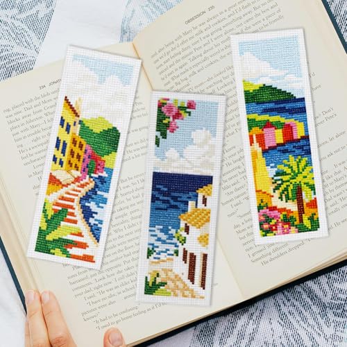 INFUNLY 6pcs Scenery Cross Stitch Bookmark Kit DIY Beach Stamped Embroidery Bookmark Kits 8.7×3.2" Mountain Needlepoint Kit with Instruction Town Easy Cross Stitch Kits for Book Lovers Readers - style: Scenery