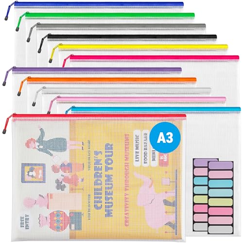 JARLINK A3 Mesh Zipper Pouch, Extra Large Waterproof File Bags, 12 Pcs - style: 12pcs