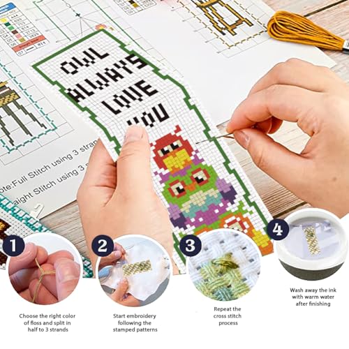 ORIGACH 6 Set Cross Stitch Bookmark Kit for Beginner Owl Pattern DIY Stamped Embroidery Bookmark Kit with 13 Colors Embroidery Floss Instructions - style: Owl