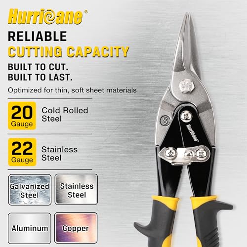 HURRICANE 10 inch Aviation Tin Snips, Straight Cut Metal Shears with Non-Slip Tyregrip Handle, Cr-V Steel Blades Shears for Thin Sheet Metal, Aluminum, Gutter & DIY Projects (Pack of 20) - size: 10 Inch Regular: Straight Cut (Pack of 20)