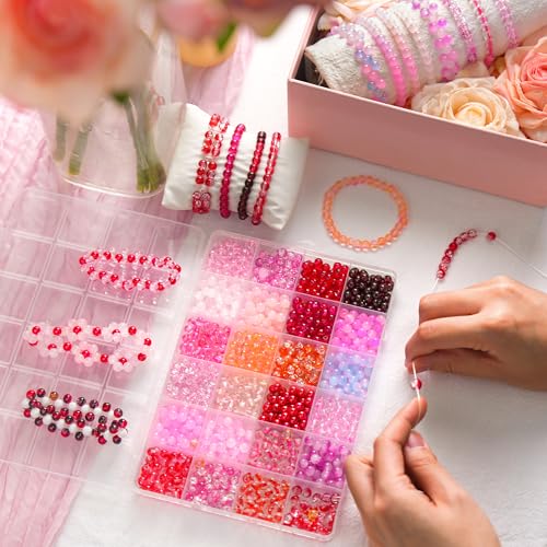 1200PCS 6mm Pink Glass Beads for Bracelets, 24 Colors Red and Pink Series Crystal Beads Bracelet Making Kit and Jewelry Making, Bracelet Beads for Necklace Earring Crafts DIY - color: Pink Love