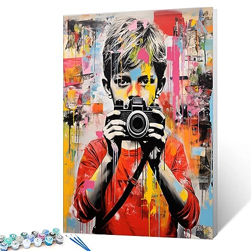 Banksy DIY Oil Painting Paint by Numbers Kits 16 x 20in A Boy Hold a Camera Street Pop Art Canvas Oil Painting Best Gift for Kids Students Adults Beginner with Brushes and Acrylic Pigment (DIY Frame) - color: Banksy-02, size: 16''Wx20''H(DIY Frame)