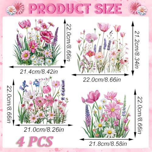 Flower Iron on Transfer Patches for T-Shirt 4 Packs Pink Wildflower Dtf Transfers Ready to Press, Tulip Lily Floral Leaf Iron on Appliques Patches Spring Flower Heat Transfer Vinyl Decal for DIY Craft - color: Pink Wildflower B
